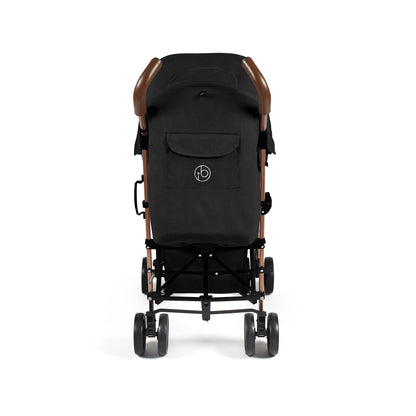 Black ickle bubba discovery max stroller back view with rose gold accents and logo on the back pocket
