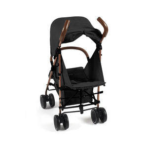 Ickle Bubba Discovery MAX stroller black with rose gold metal frame and wooden handle grips seen from the back side