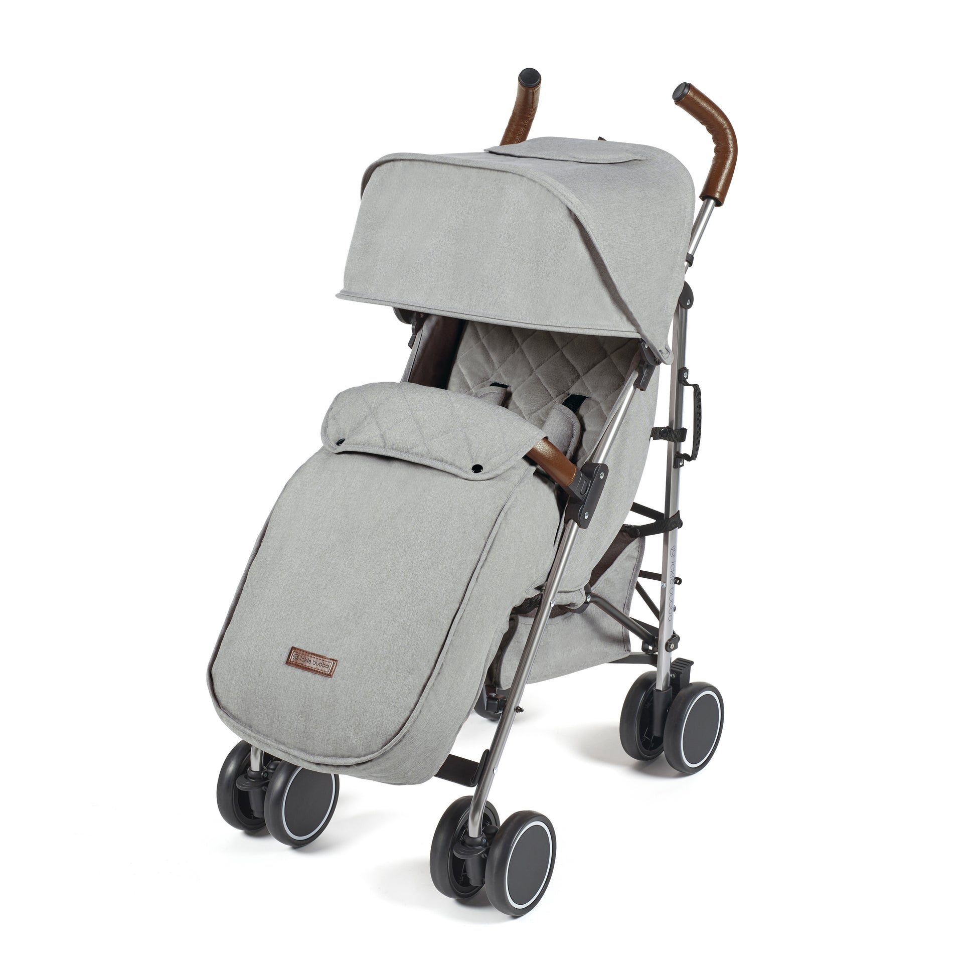 Ickle Bubba Discovery MAX stroller in grey with gray quilted fabric, wooden handle grips, and black wheels