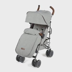 Gray fabric ickle bubba discovery max stroller with wooden handle grips and black wheels shown from the back side