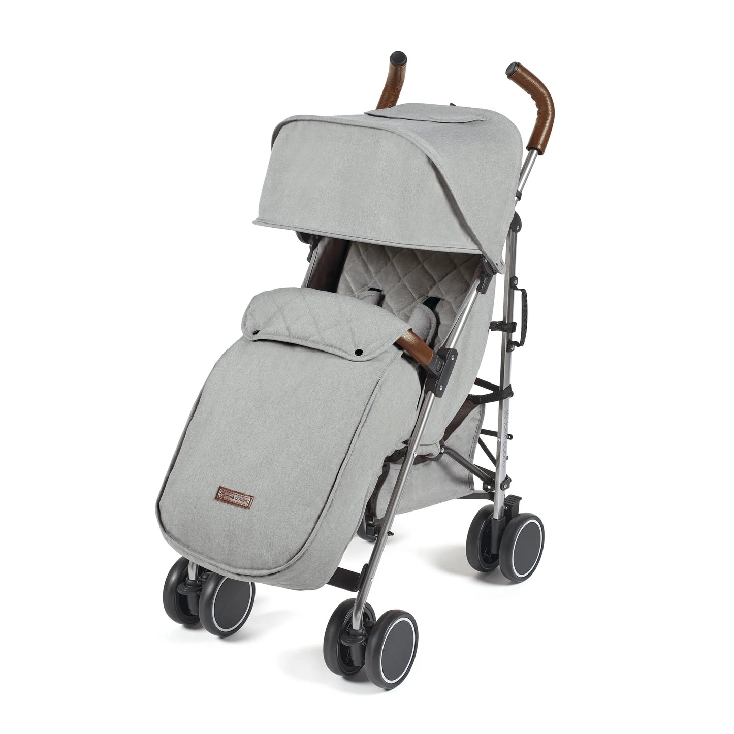 Gray fabric ickle bubba discovery max stroller with wooden handle grips and black wheels shown from the back side
