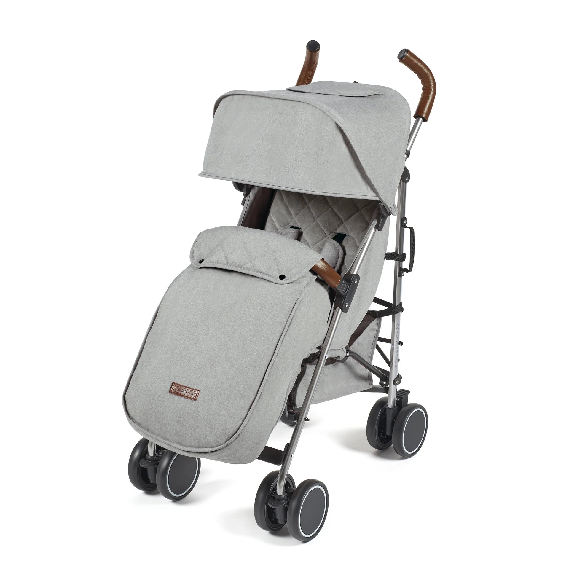 Gray fabric ickle bubba discovery max stroller with wooden handle grips and black wheels shown from the back side