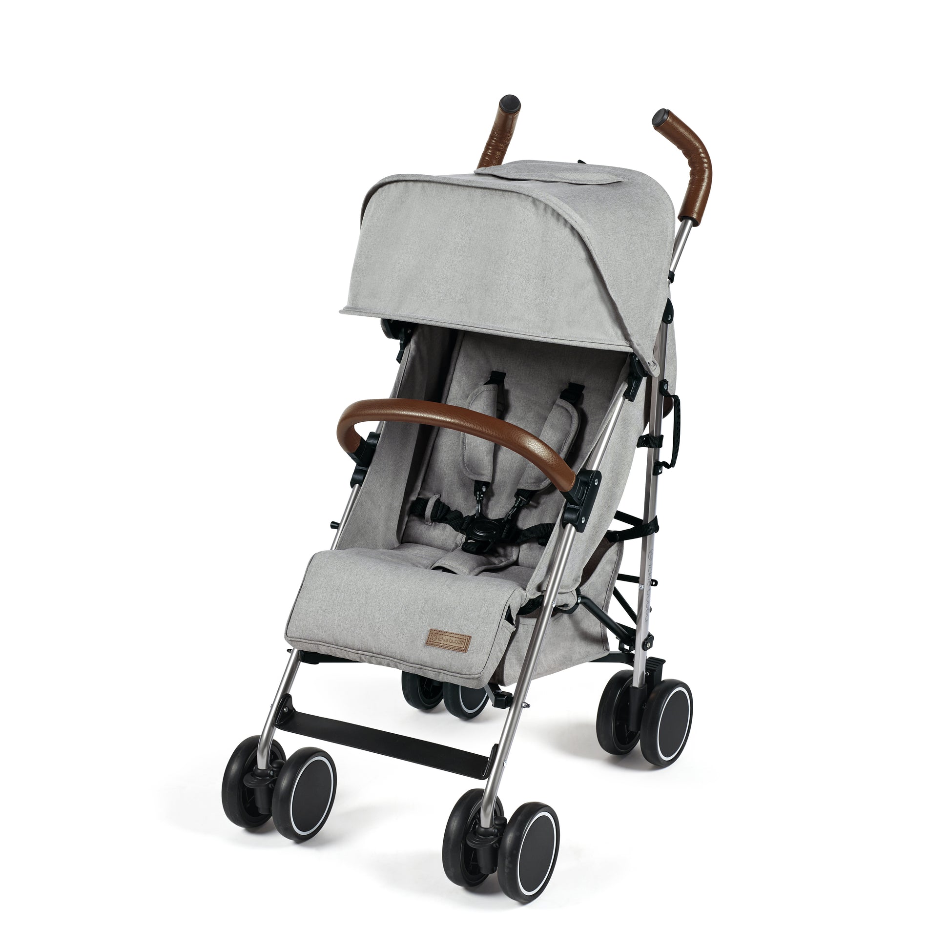 Ickle Bubba Discovery MAX stroller in grey with brown leather handles and black wheels shown from the back side