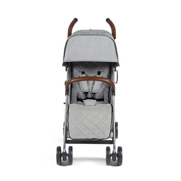 Ickle Bubba Discovery MAX stroller grey with gray quilted seat brown leather handles and sleek metallic frame