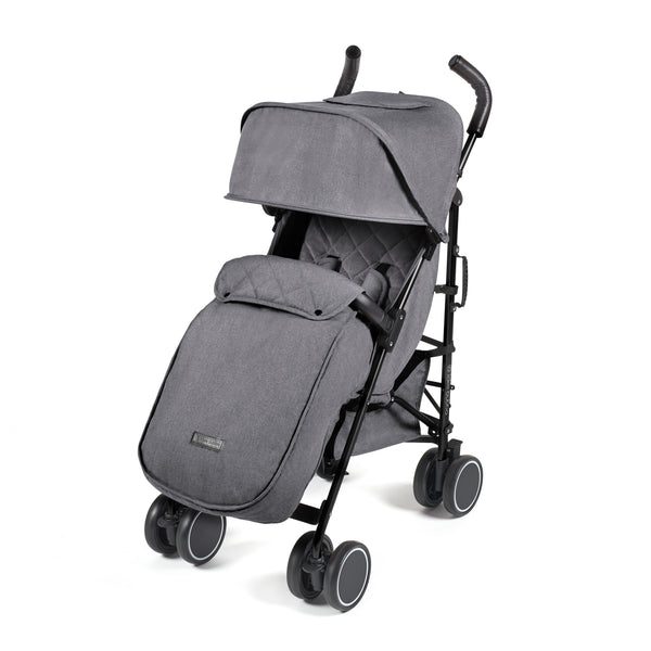 Ickle Bubba Discovery MAX stroller in graphite grey with gray quilted fabric and black frame and wheels shown from the back