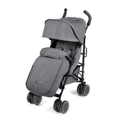 Ickle Bubba Discovery MAX stroller in graphite grey with gray quilted fabric and black frame and wheels shown from the back
