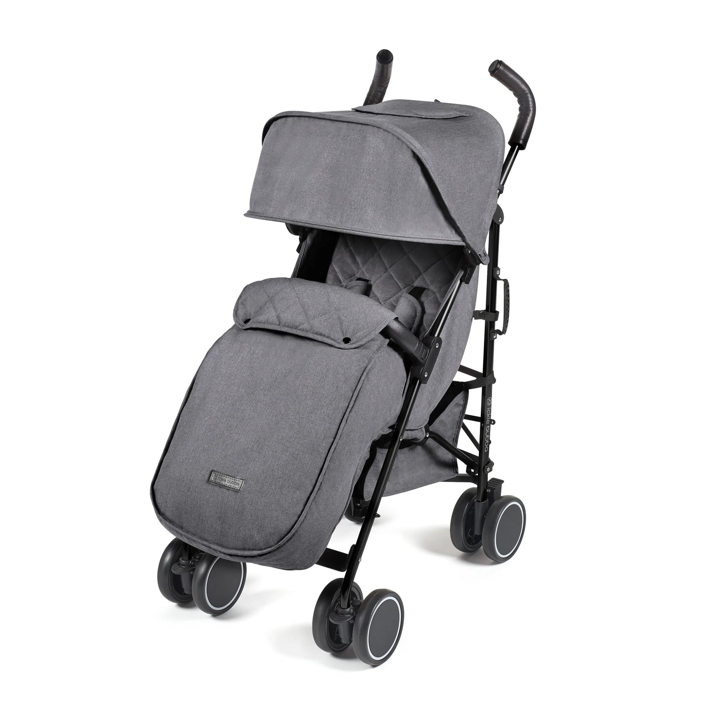Gray quilted Ickle Bubba Discovery MAX stroller with black frame and wheels shown from the back side