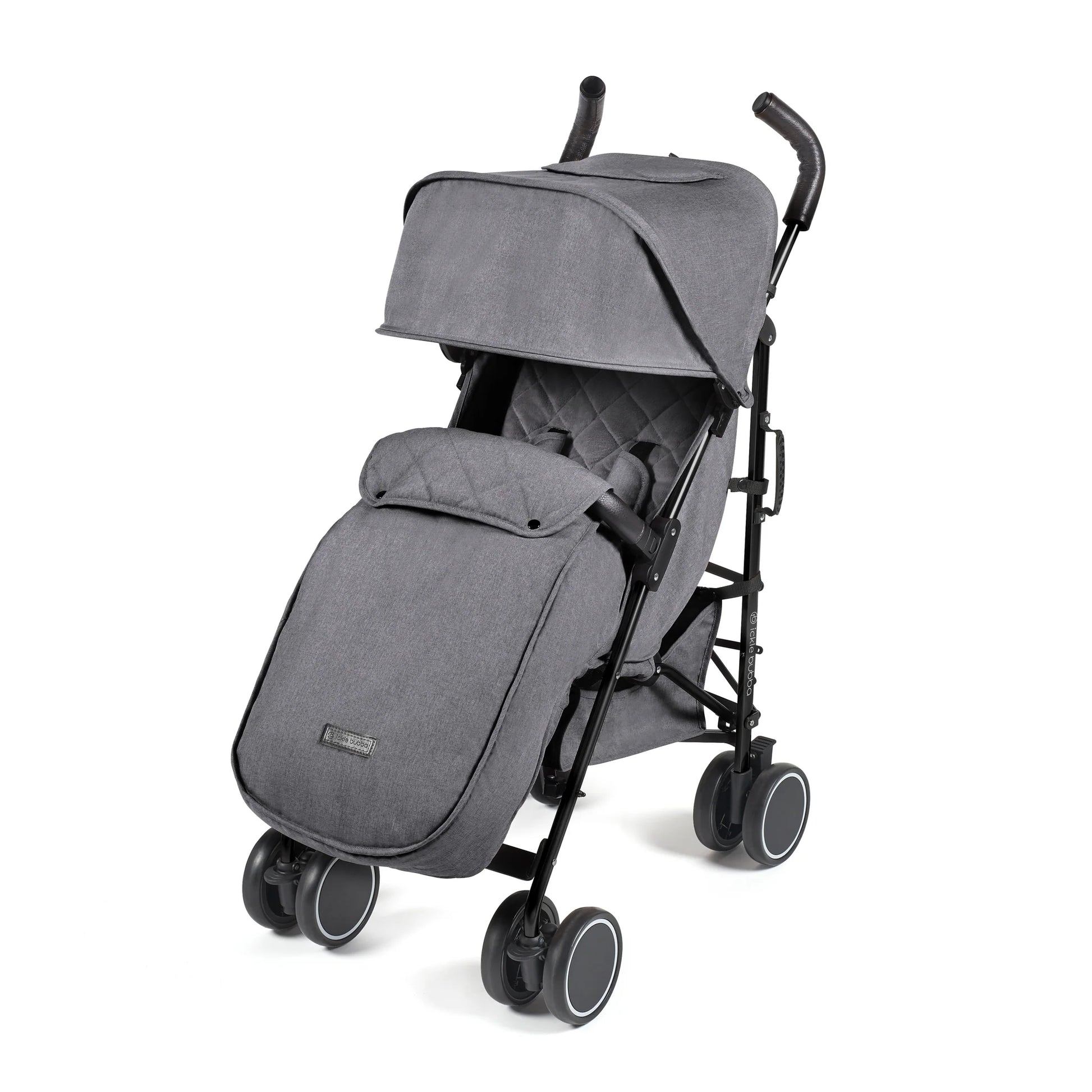 Gray quilted Ickle Bubba Discovery MAX stroller with black frame and wheels shown from the back side