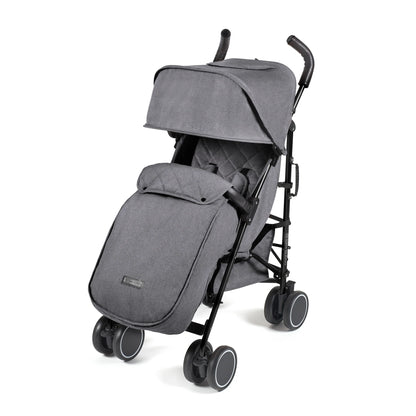 Gray quilted Ickle Bubba Discovery MAX stroller with black frame and wheels shown from the back side