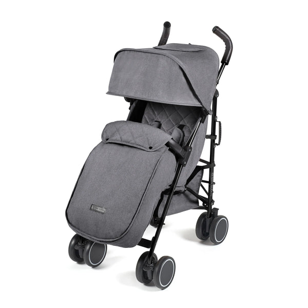 Gray quilted Ickle Bubba Discovery MAX stroller with black frame and wheels shown from the back side