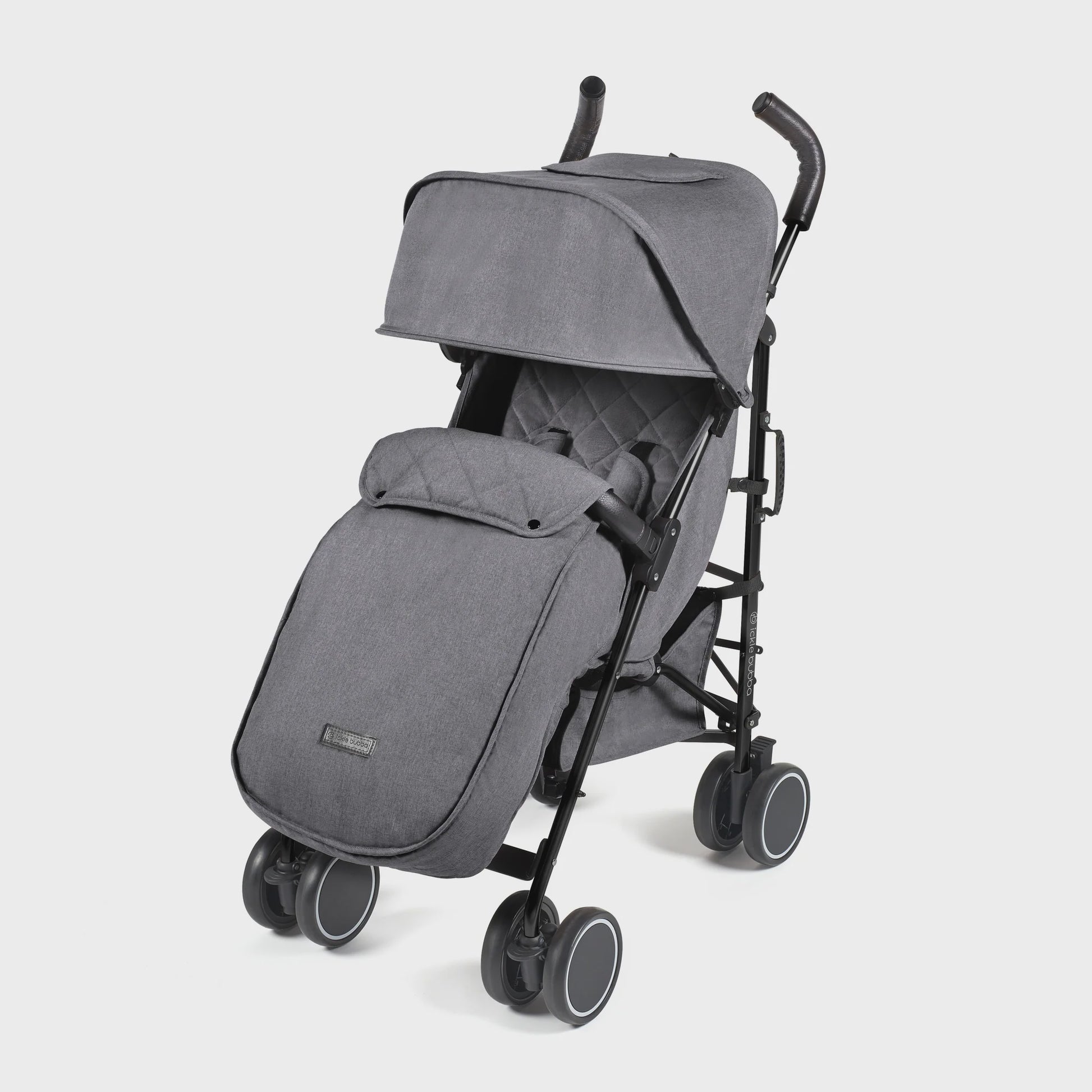 Ickle Bubba Discovery MAX stroller with graphite grey fabric and black metal frame showing front side view