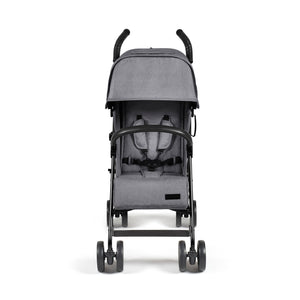Gray fabric ickle bubba discovery max stroller with black metal frame handlebars shown from the back side