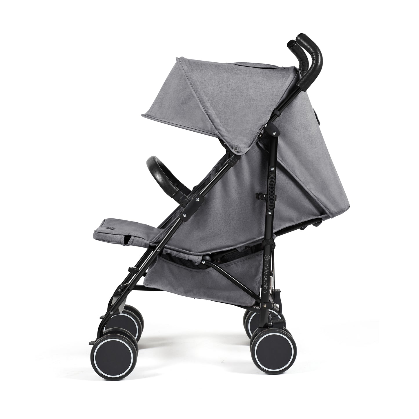 Ickle Bubba Discovery MAX stroller in graphite grey with gray fabric seat and black metal frame and wheels shown from the back