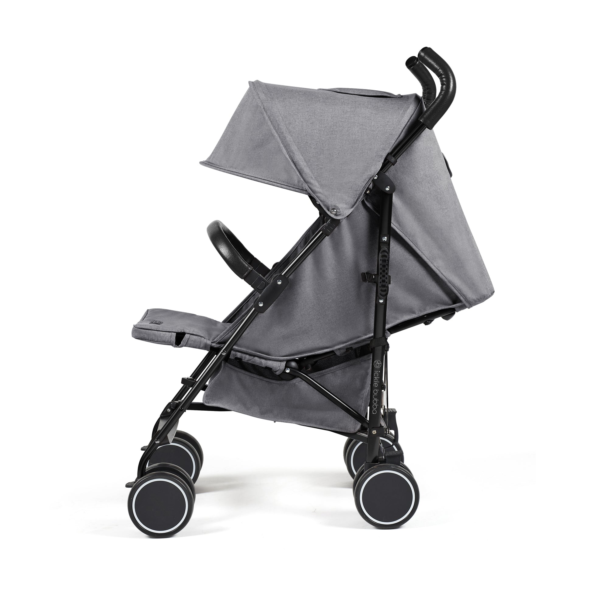 Ickle Bubba Discovery MAX stroller in graphite grey with gray fabric seat and black metal frame and wheels shown from the back