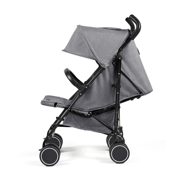 Ickle Bubba Discovery MAX stroller in graphite grey with gray fabric seat and black metal frame and wheels shown from the back