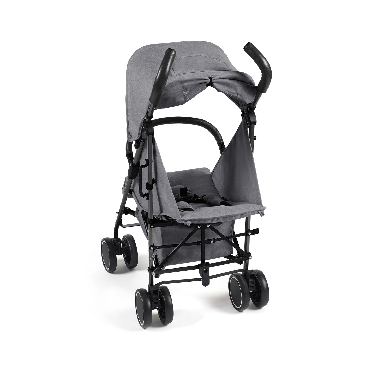 Ickle Bubba Discovery Max stroller in graphite grey with gray fabric seat and black metal frame and wheels shown from back side