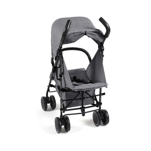 Ickle Bubba Discovery Max stroller in graphite grey with gray fabric seat and black metal frame and wheels shown from back side