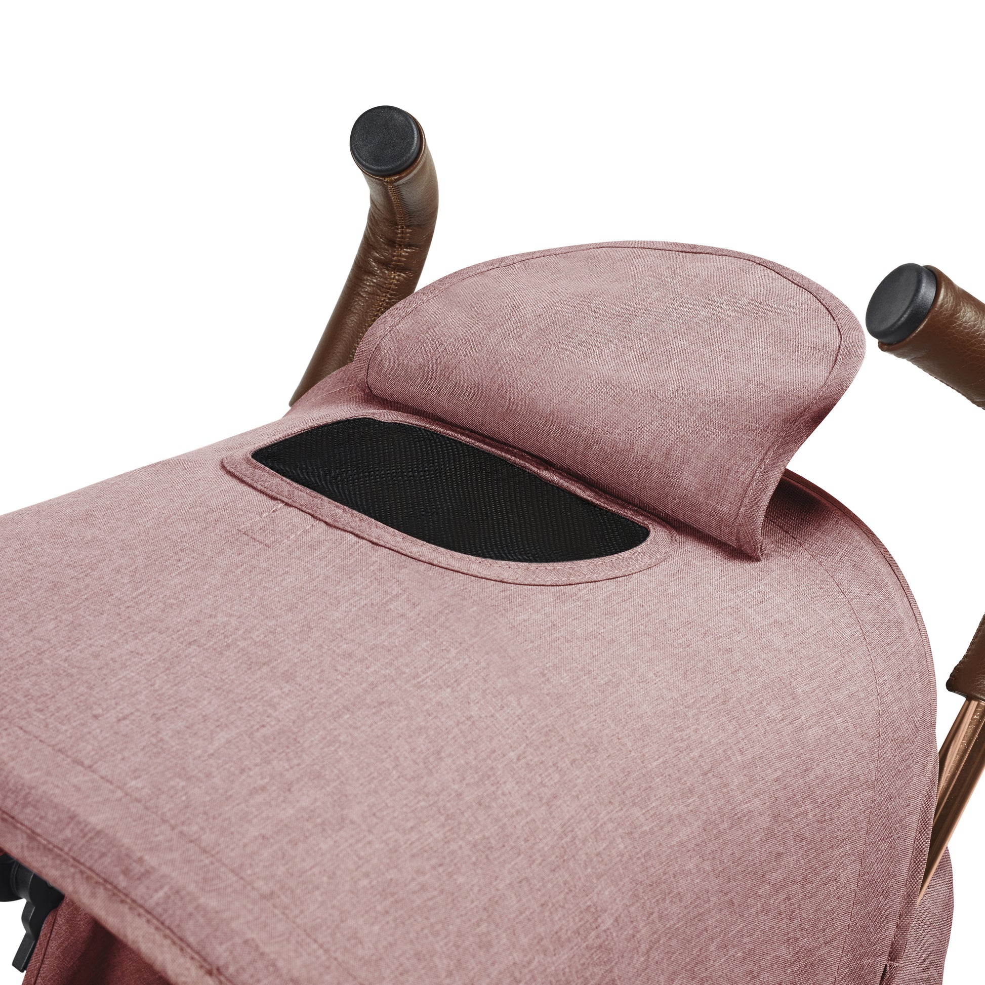 Ickle Bubba Discovery MAX stroller dusky pink with pink textured fabric seat brown leather handles and black mesh panel