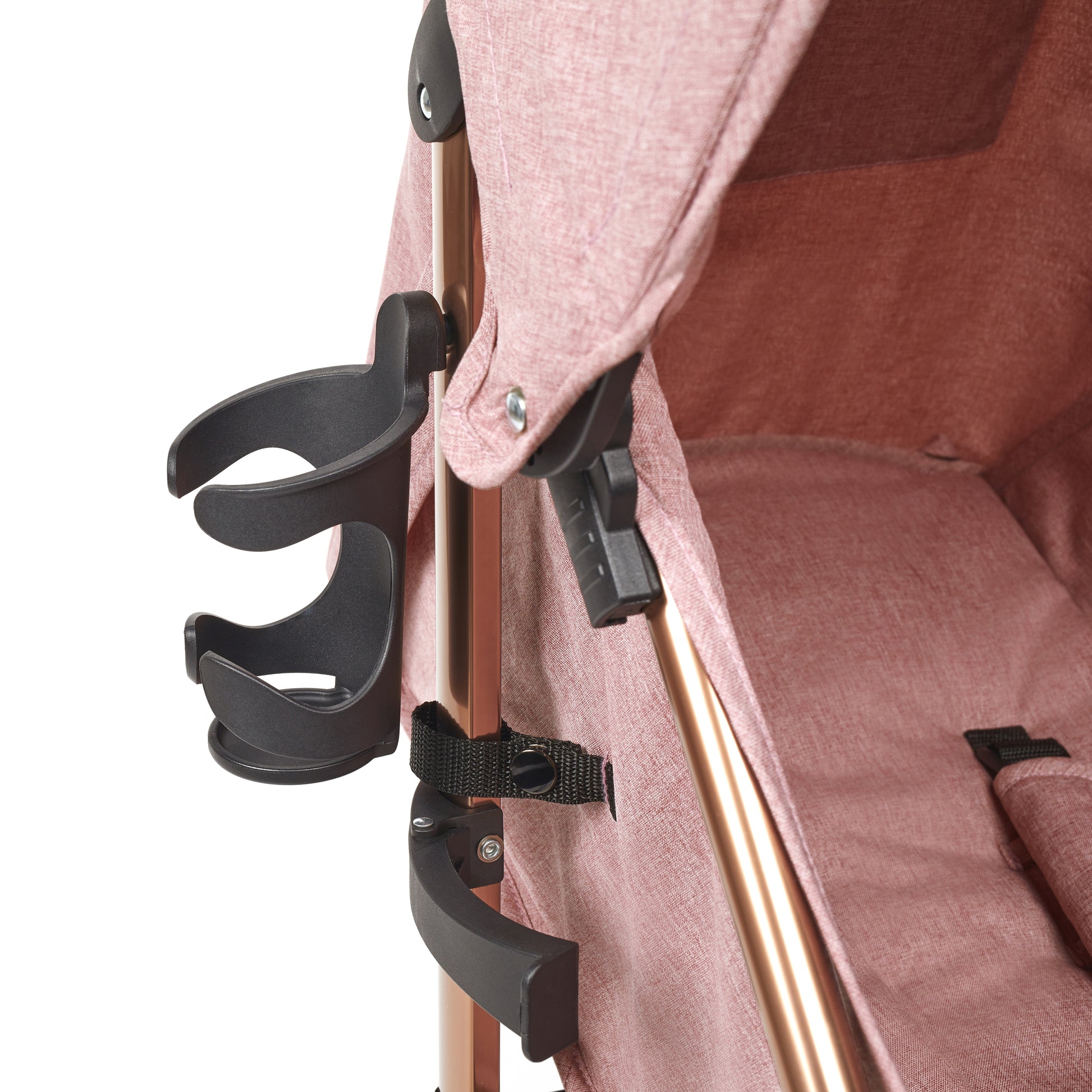 Black plastic cup holder attached to the stroller frame of ickle bubba discovery max stroller in dusky pink