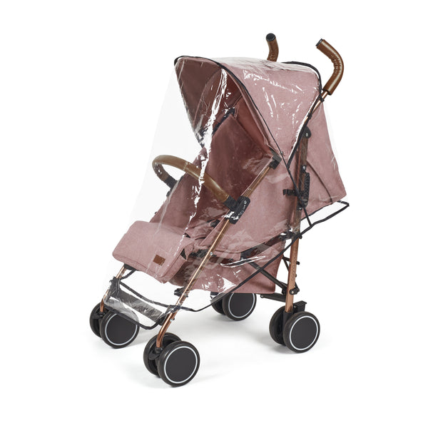Ickle Bubba Discovery MAX stroller in dusky pink with rose gold frame clear rain cover and black wheels visible from the back