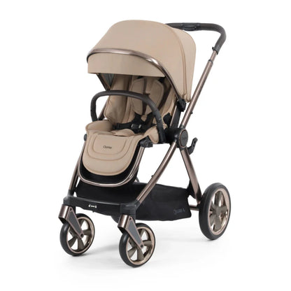 Beige and black oyster 4 fawn stroller with sleek metallic frame soft fabric canopy and multi-spoke wheels