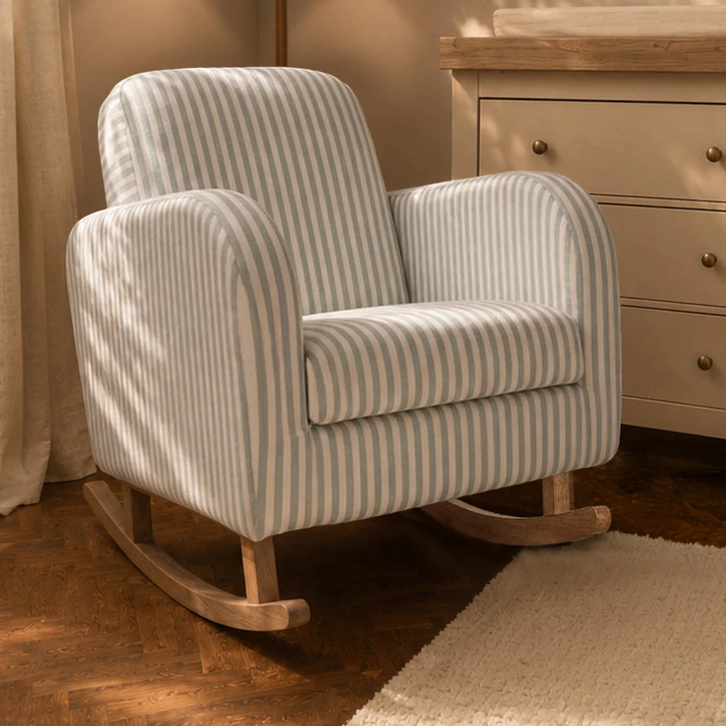CuddleCo Etta Nursing Chair Sea Salt Stripe blue striped nursery rocking chair with whitewashed wooden base