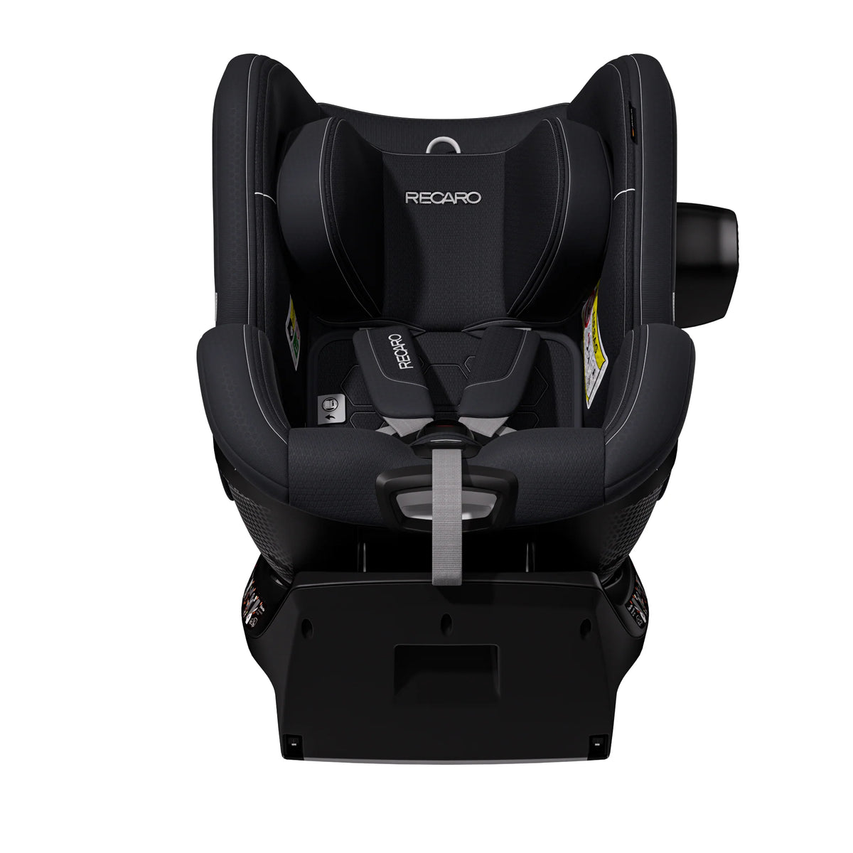 Recaro TORON 1 KID in Fresh Black, front view with padded harness and a black outer side attachment.