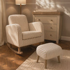 uddleCo Etta Nursing Chair and Footstool Beach Stripe beige and cream striped nursery rocking chair set with wooden base