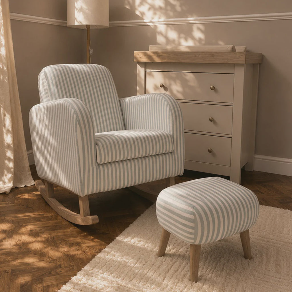 CuddleCo Etta Nursing Chair & Footstool – Sea Salt Stripe in nursery setting