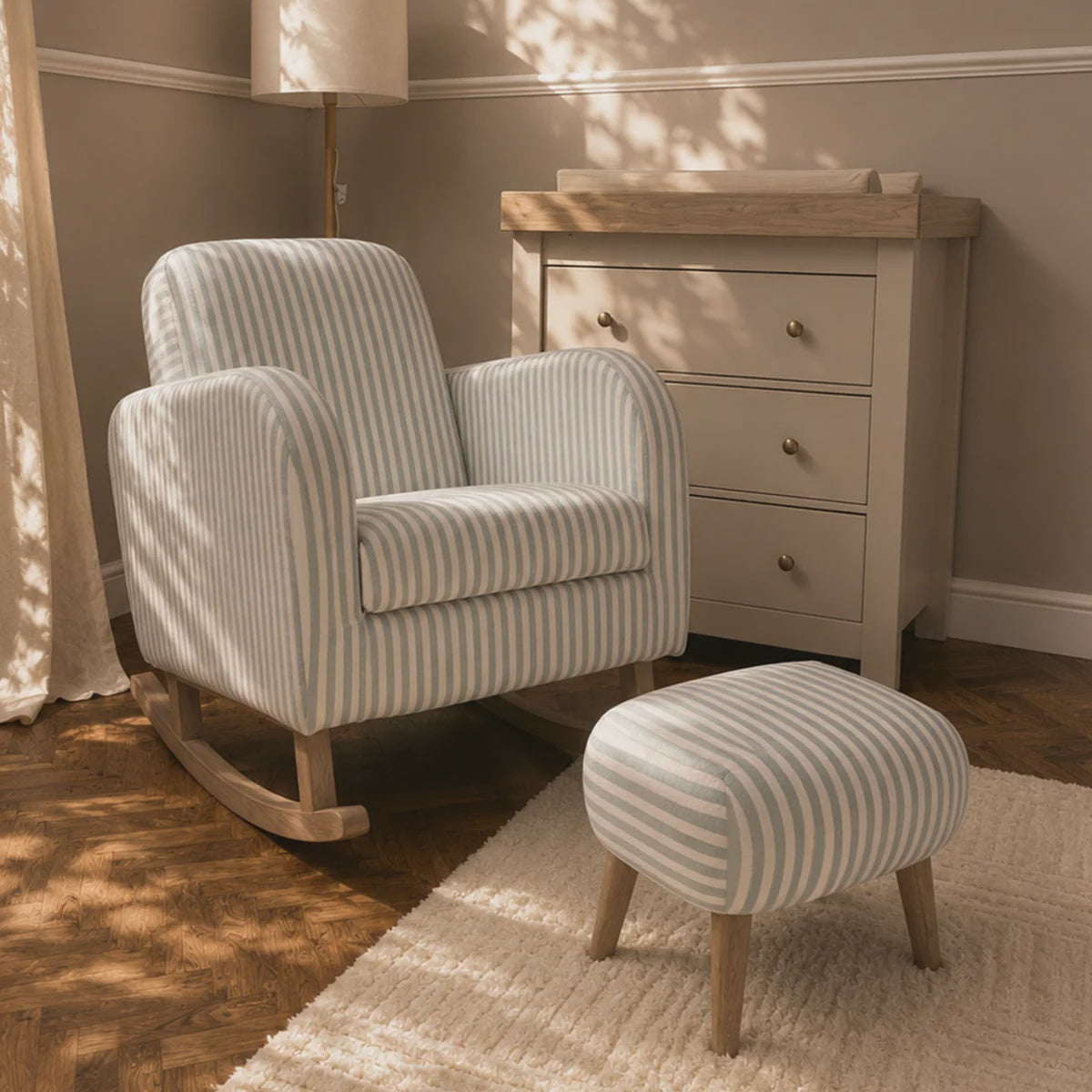CuddleCo Etta Nursing Chair & Footstool – Sea Salt Stripe in nursery setting