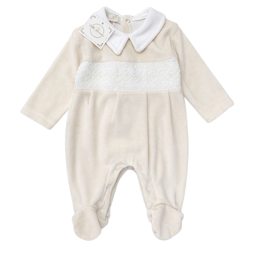 Beige velour smocked long sleeve sleepsuit with peter pan collar featuring white lace trimming and embroidered chest band