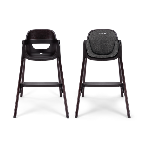 Nuna BRYN highchair metro with black textured fabric seat and dark wooden legs for modern dining seating
