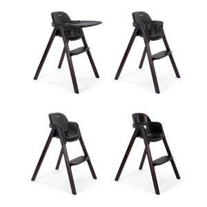 Black nuna bryn highchair with wooden legs and padded seat designed for comfortable toddler seating