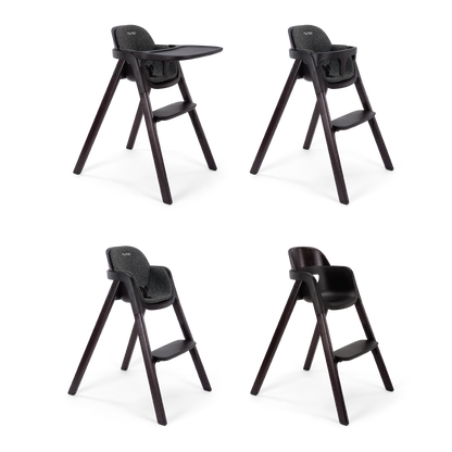 Black nuna bryn highchair with wooden legs and padded seat designed for comfortable toddler seating