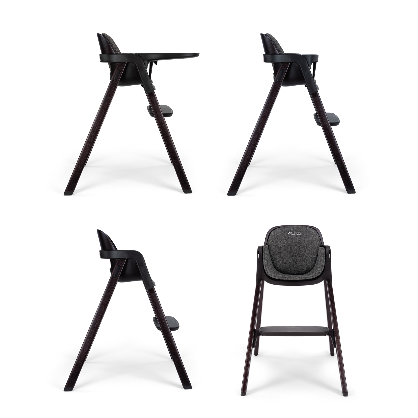 Modern black nuna BRYN highchair with sleek wooden legs and textured gray fabric seat for stylish feeding