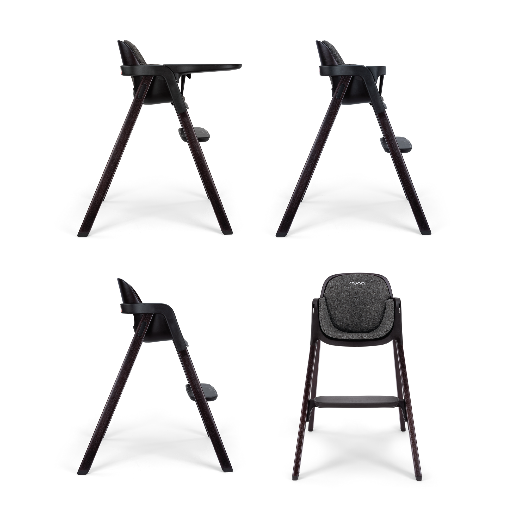 Modern black nuna BRYN highchair with sleek wooden legs and textured gray fabric seat for stylish feeding