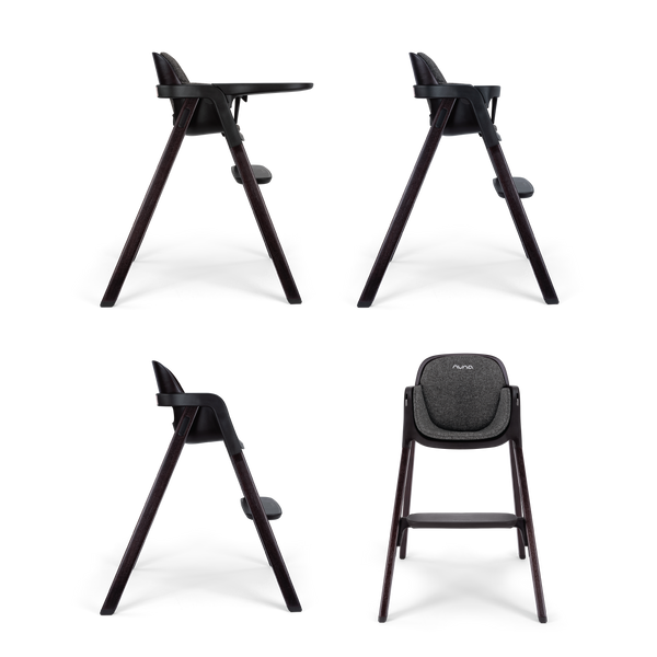 Modern black nuna BRYN highchair with sleek wooden legs and textured gray fabric seat for stylish feeding