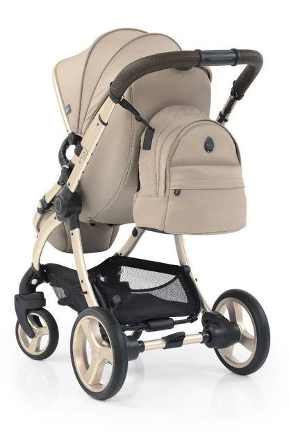 Beige and black egg3 feather stroller with matching backpack attached to handlebar in all stages 360 bundle