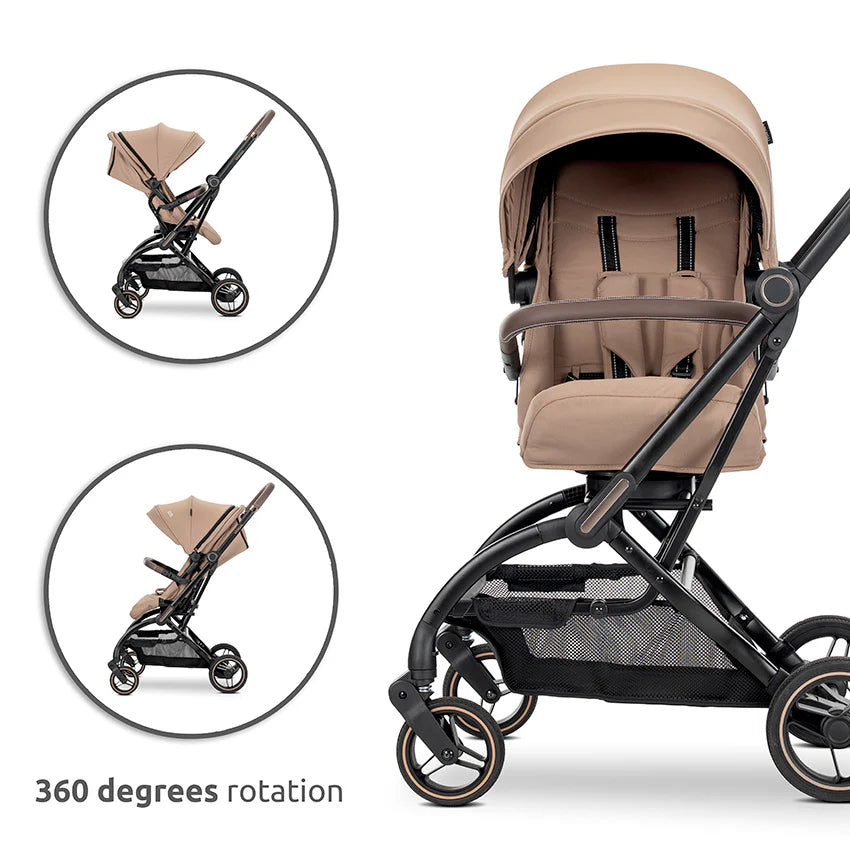 Beige and black lorelli makaya 360 rotation foldable stroller with mesh storage basket lightweight reversible pushchair