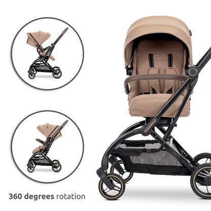 Beige and black lorelli makaya 360 rotation foldable stroller with mesh storage basket lightweight reversible pushchair