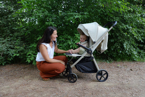 My Babiie MB170 Plus ivory stroller in beige and black with canopy designed for comfort and portability with raincover