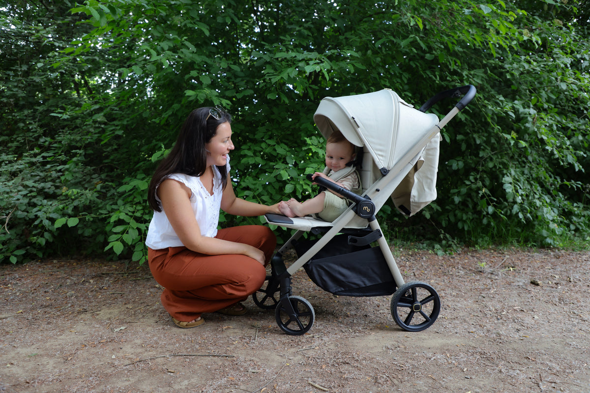 My Babiie MB170 Plus ivory stroller in beige and black with canopy designed for comfort and portability with raincover