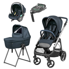Dark blue and black peg perego veloce lite travel system stroller with metallic silver frame accents and modern design