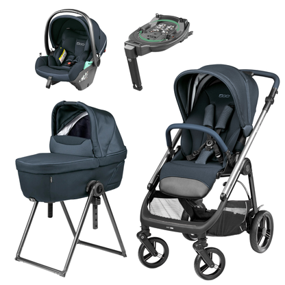 Dark blue and black peg perego veloce lite travel system stroller with metallic silver frame accents and modern design