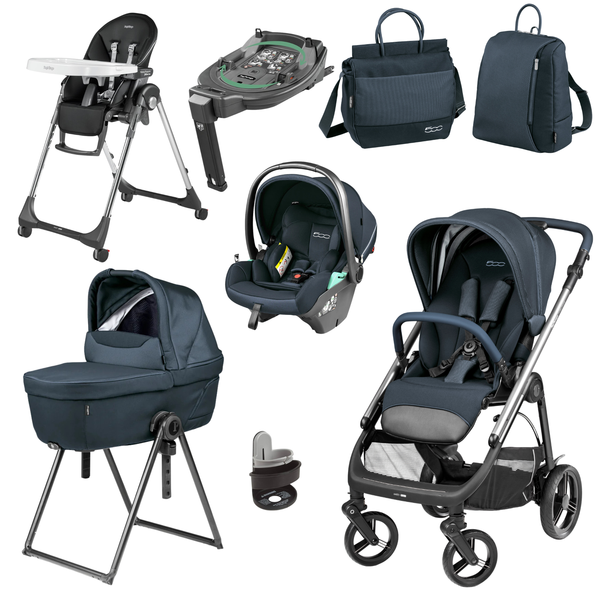 Navy blue and silver navy stroller with canopy adjustable handlebars four wheels and storage basket peg perego veloce elite