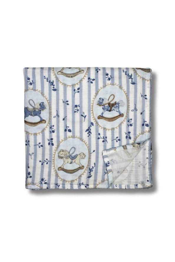 Blue Rocking Horse Organic Cotton Muslin Blanket