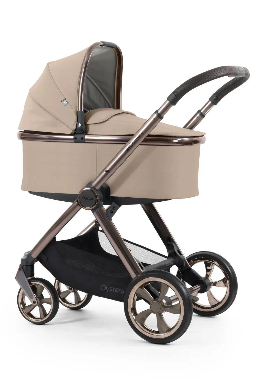 Beige and bronze oyster pram with soft fabric canopy and sturdy metal frame in oyster 4 fawn essentials travel system