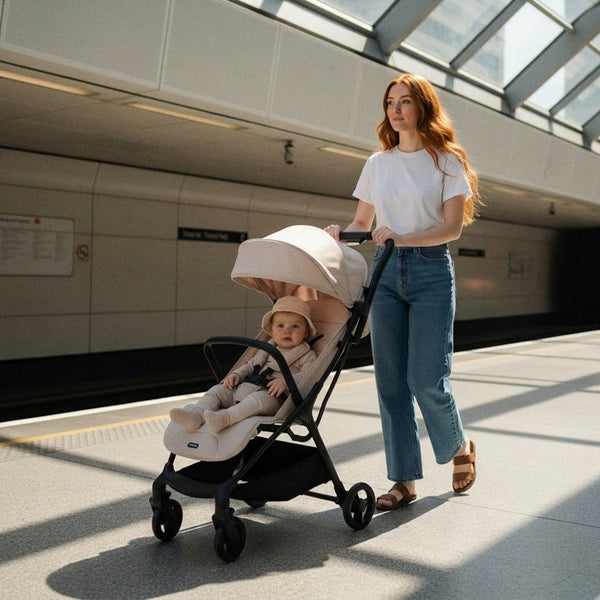My babiie mbx2 compact stroller oatmeal beige and black with soft canopy designed for modern urban travel
