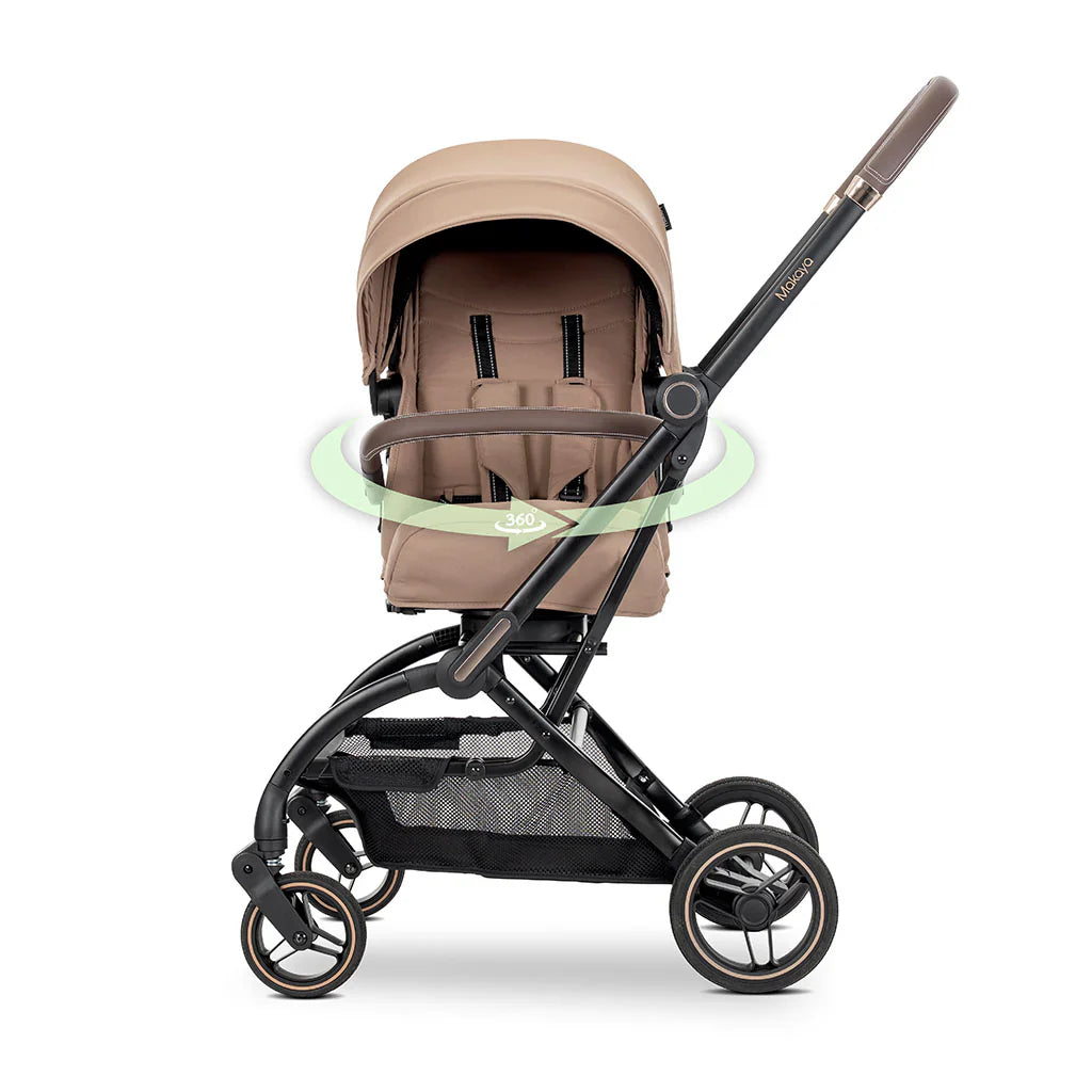 Beige and black lorelli makaya 360 rotation stroller with fabric canopy lightweight reversible pushchair from birth to 22kg