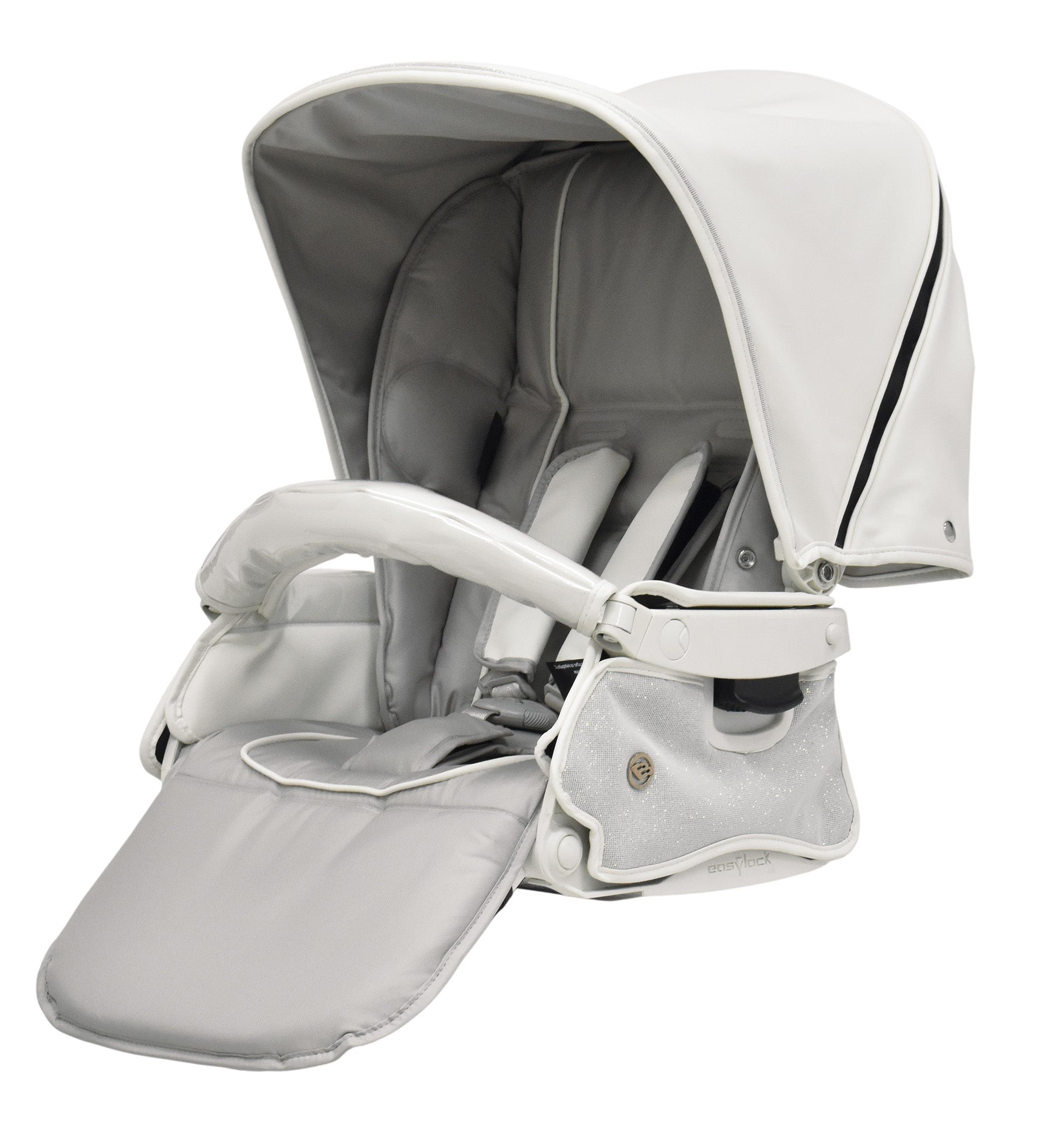 Bebecar stylo class privé white sparkle sleek modern baby stroller with soft white canopy and gray interior upholstery